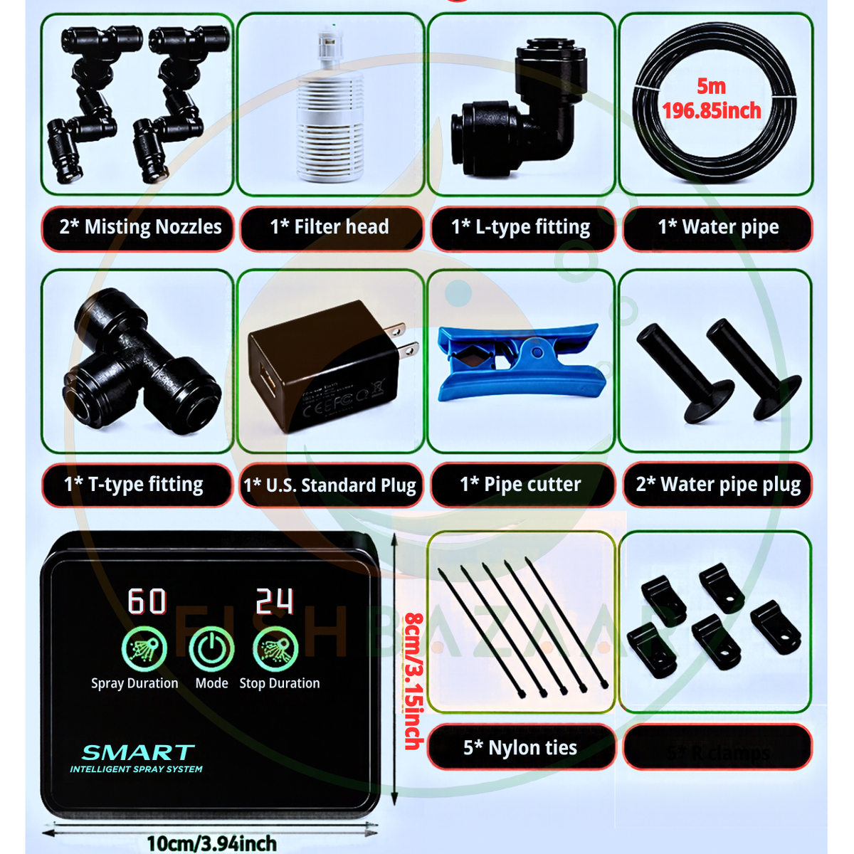 Infographic showing all included components of the MIUS smart rain forest misting system, including 2 misting nozzles, filter head, L-type fitting, 5-meter water pipe, T-type fitting, U.S. standard plug, pipe cutter, water pipe plugs, digital pump unit, nylon ties, and r clamp mounting clips