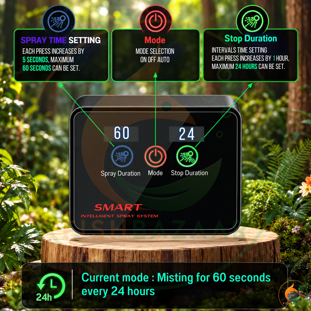 Infographic explaining the MIUS smart rain forest misting system spray time settings, showing how each press increases spray duration by 5 seconds up to a maximum of 60 seconds