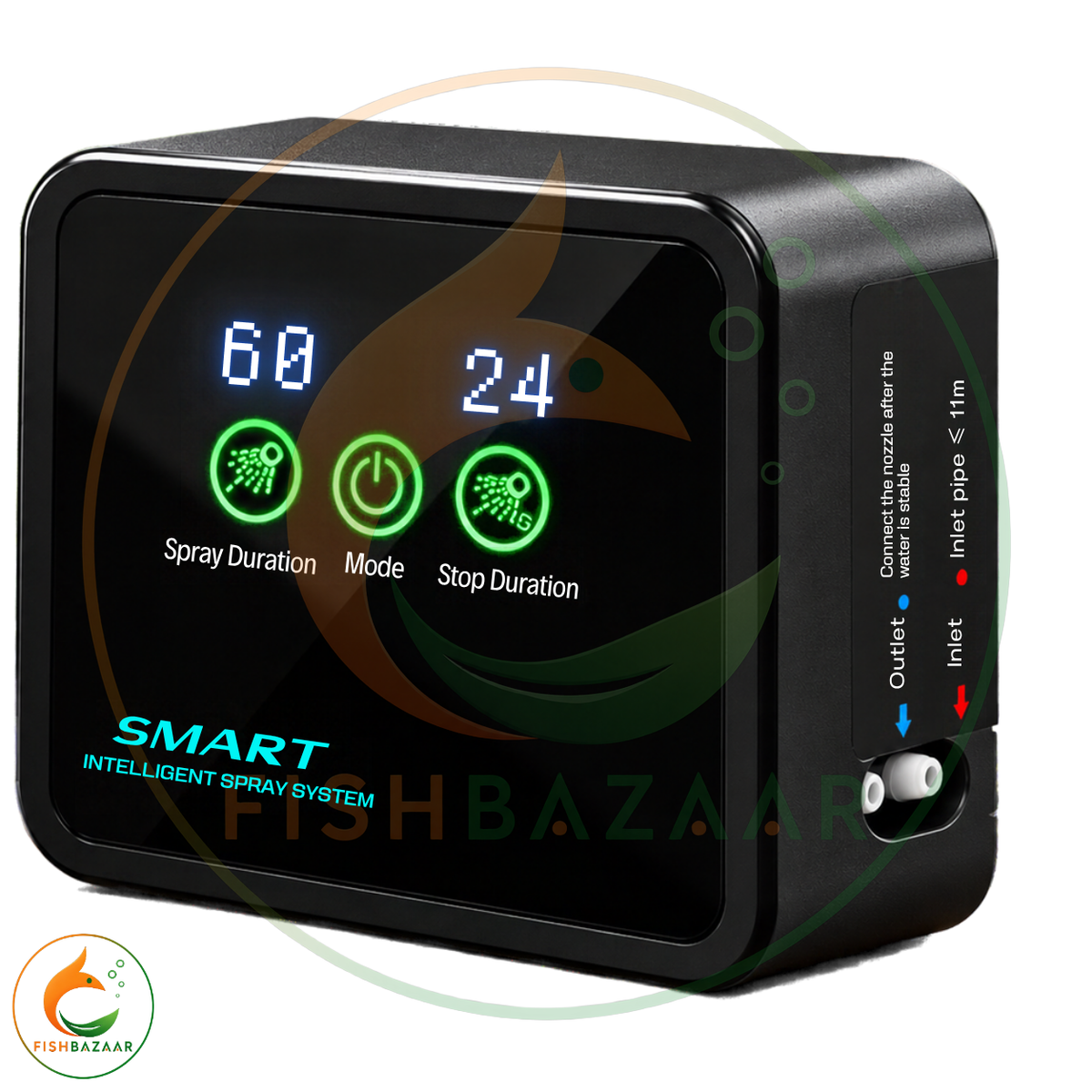 MIUS smart rain forest misting system digital control panel showing the timer settings screen with spray duration and interval configuration options for terrariums