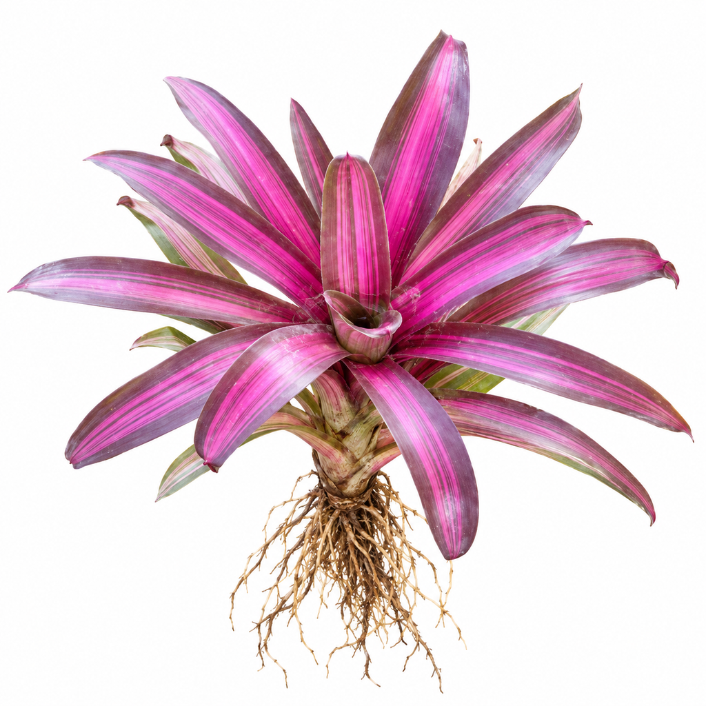 Neoregelia 'Dynamite' bromeliad showing its full vibrant red and pink foliage, central water cup, and exposed root system on a white background for terrariums and vivariums