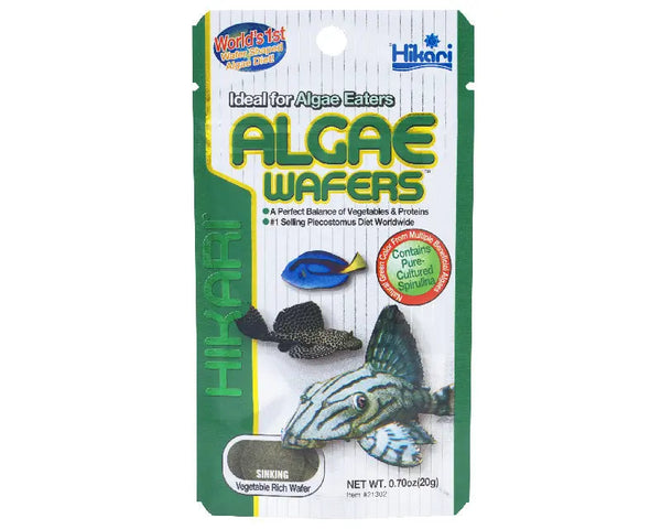 Hikari Algae Wafers packaging with fish illustrations on a white background