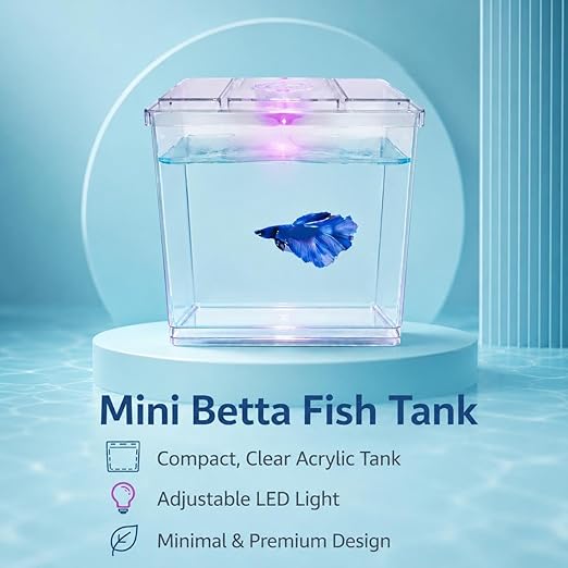 Bluepet BL-B02 Mini Aquarium Tank | 700ml Acrylic Desktop Fish Tank with LED Light (Betta & Shrimp)