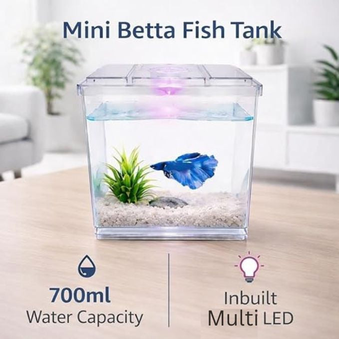 Bluepet BL-B02 Mini Aquarium Tank | 700ml Acrylic Desktop Fish Tank with LED Light (Betta & Shrimp)