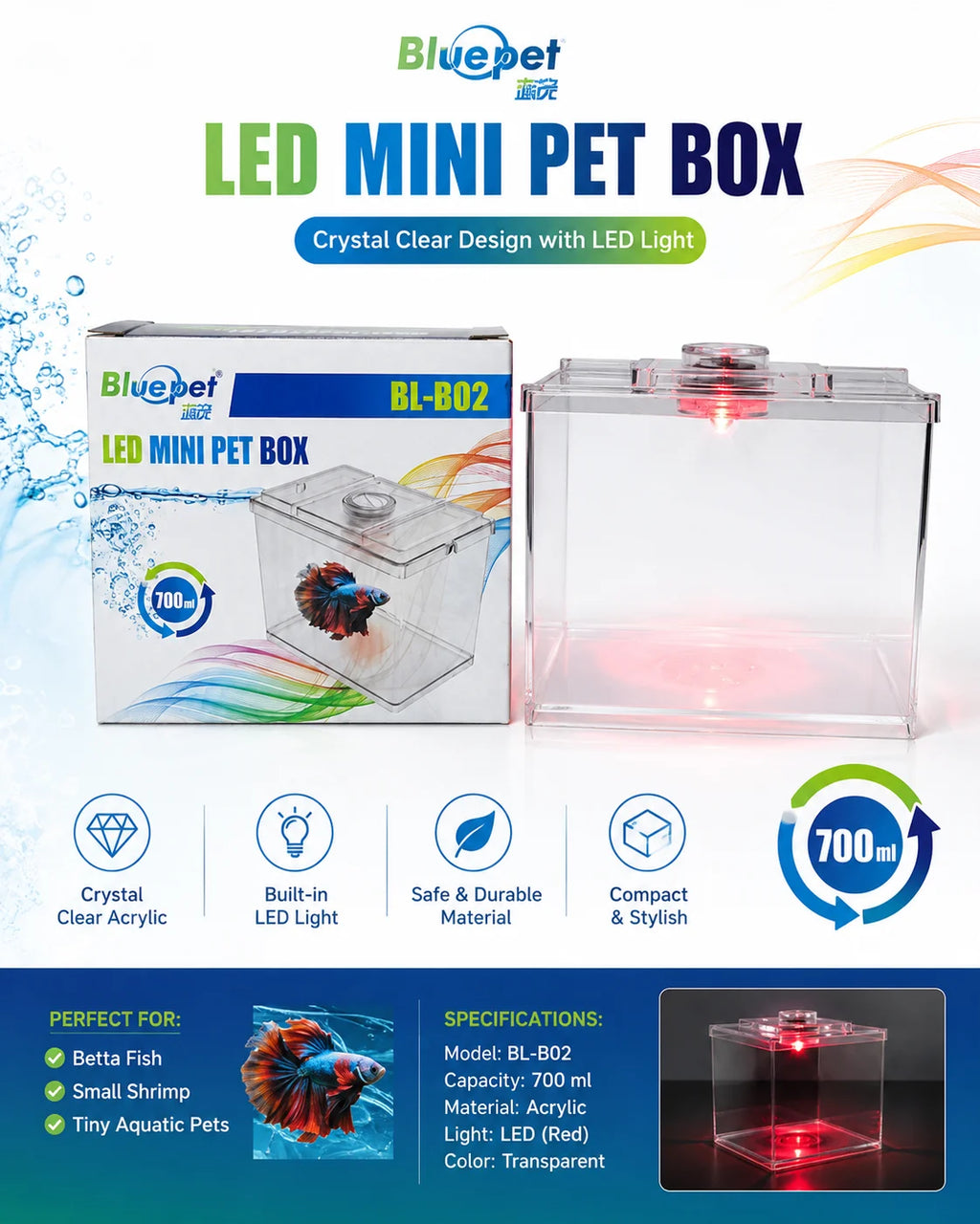 Bluepet BL-B02 Mini Aquarium Tank | 700ml Acrylic Desktop Fish Tank with LED Light (Betta & Shrimp)